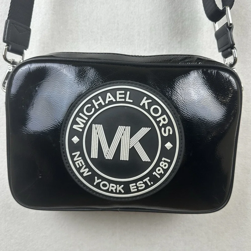 Michael Kors MK Black/White Patent Leather Fulton Crossbody Bag